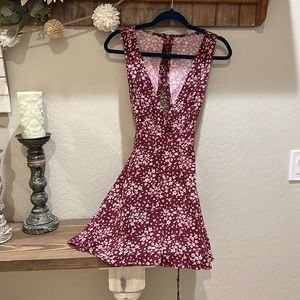 Deep V maroon with dainty pink flowers open back skirted dress